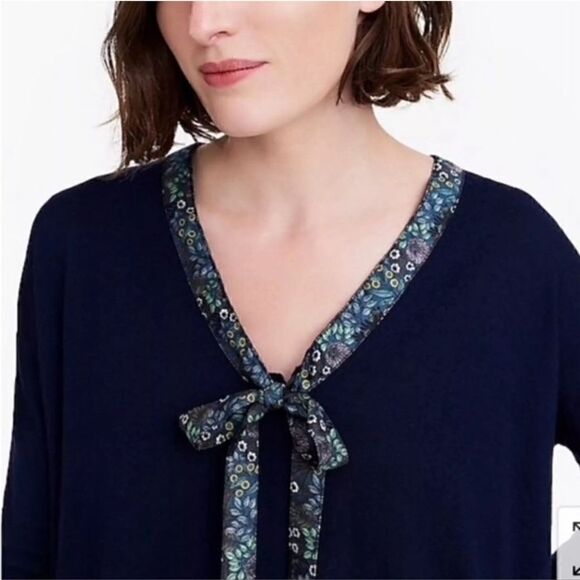 J.CREW Abigail Borg Navy Merino Wool Tie-Neck V-Neck Sweater - Picture 3 of 10